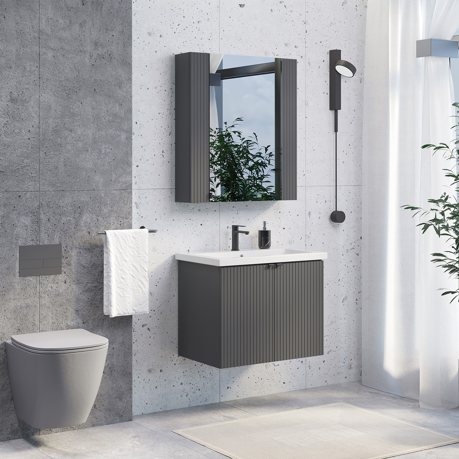 Подвесная тумба-умывальник Comforty Лима-70П антрацит с раковиной Комо 70