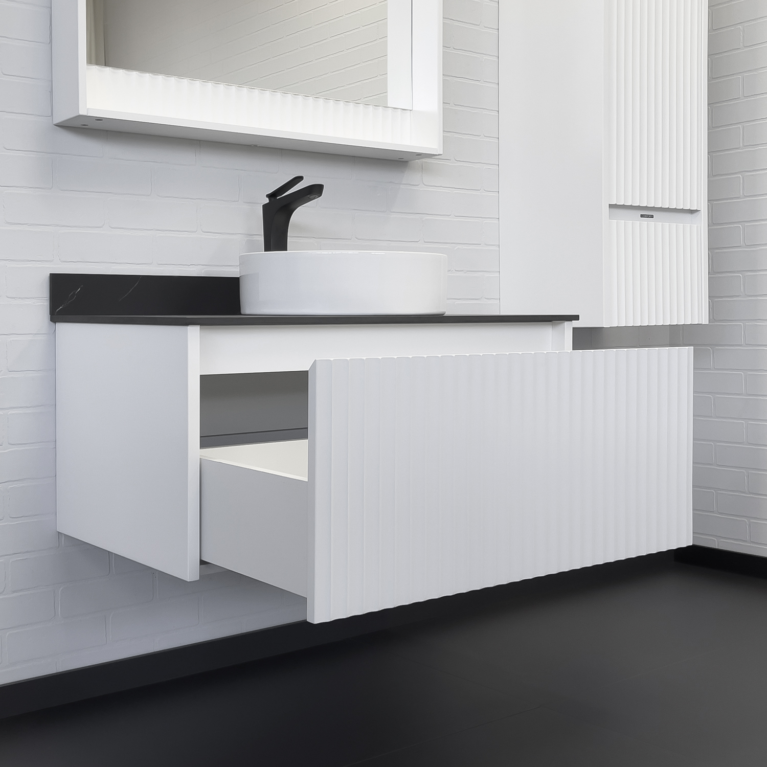 Тумба-умывальник Comforty Марсель-90 белый матовый со столешницей под мрамор Калакатта Блэк c раковиной Comforty 9110