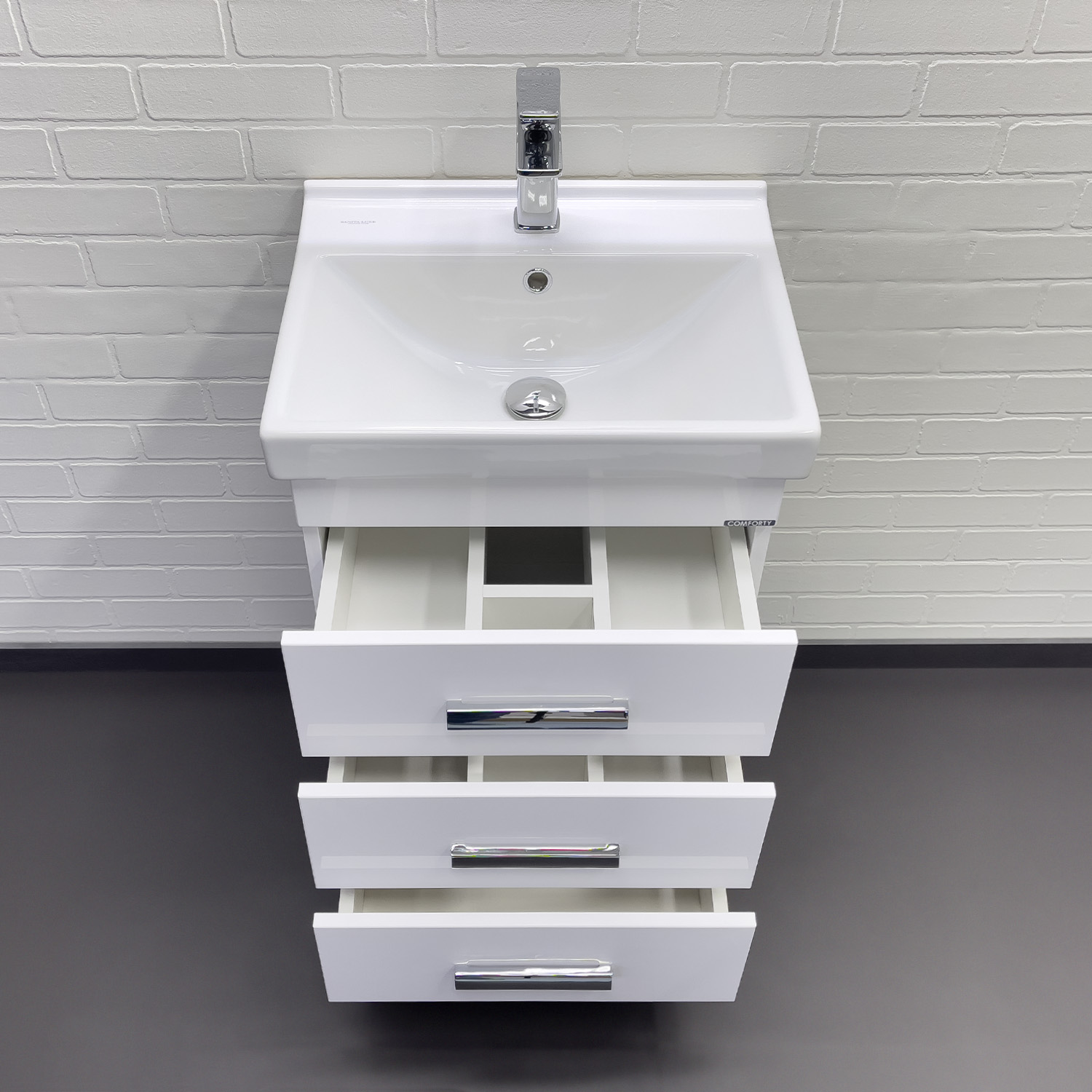 Тумба-умывальник напольная Comforty Никосия 50Н белый глянец с раковиной Фест 50