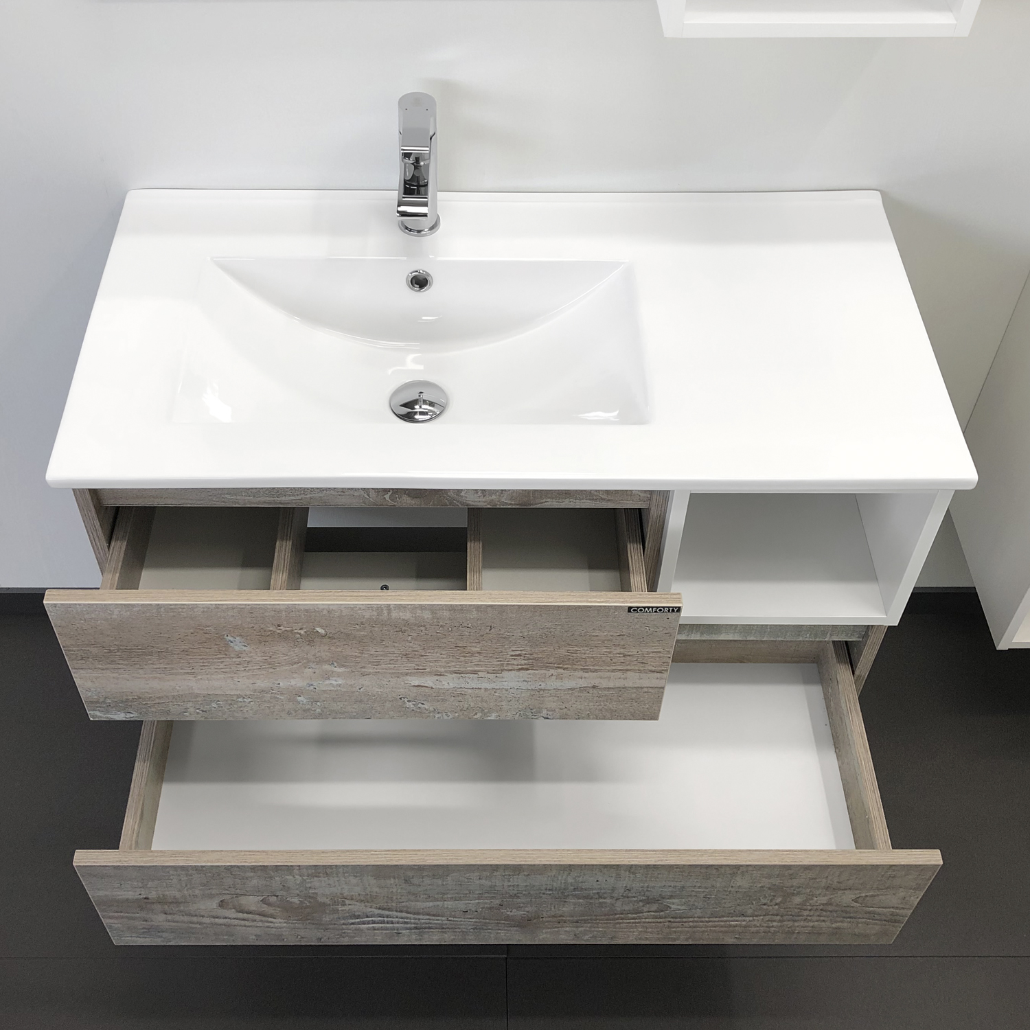 Comforty. Тумба-умывальник Турин-90L дуб бежевый с раковиной Comforty 9090EL