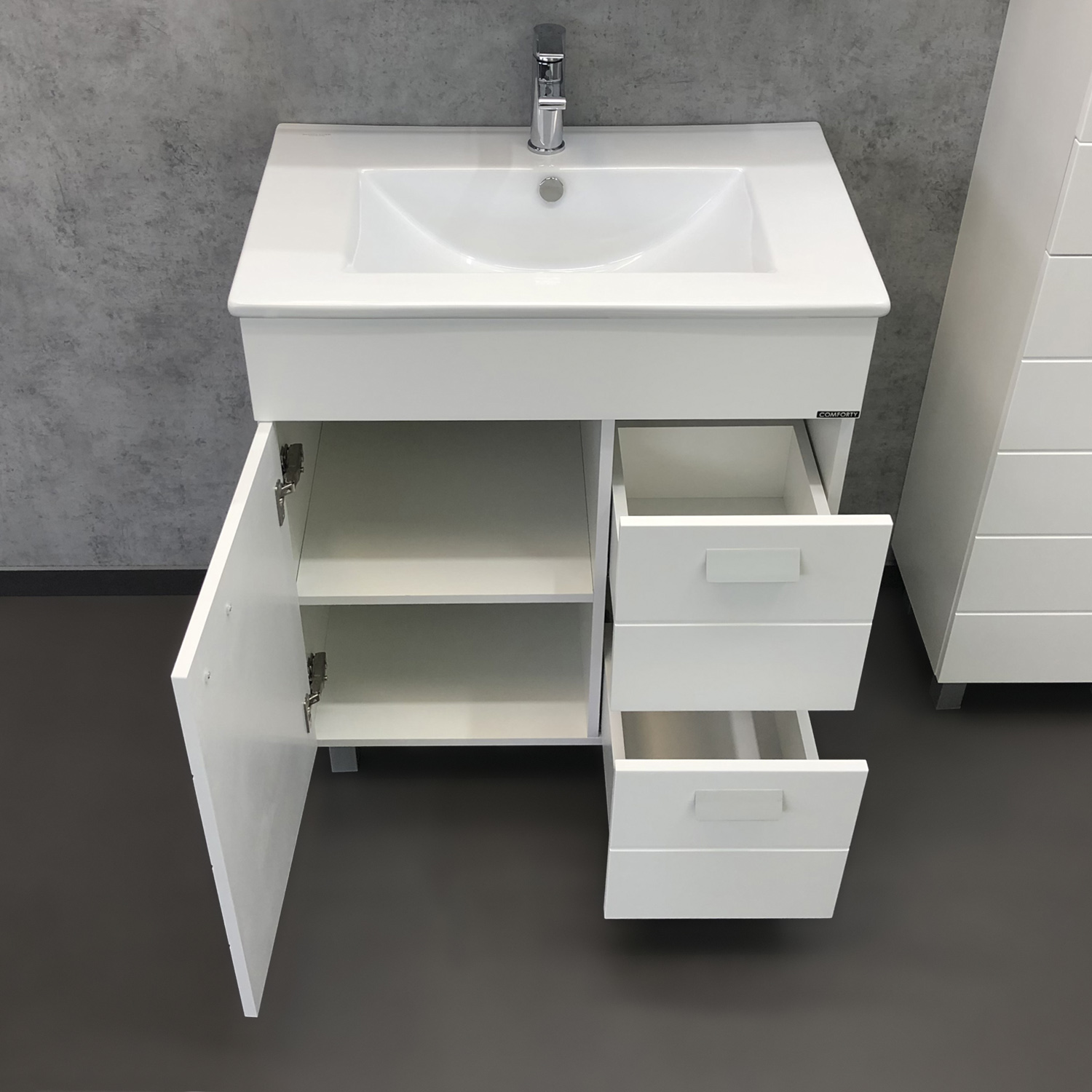 Тумба-умывальник Comforty Модена 75M белая с раковиной Квадро 75