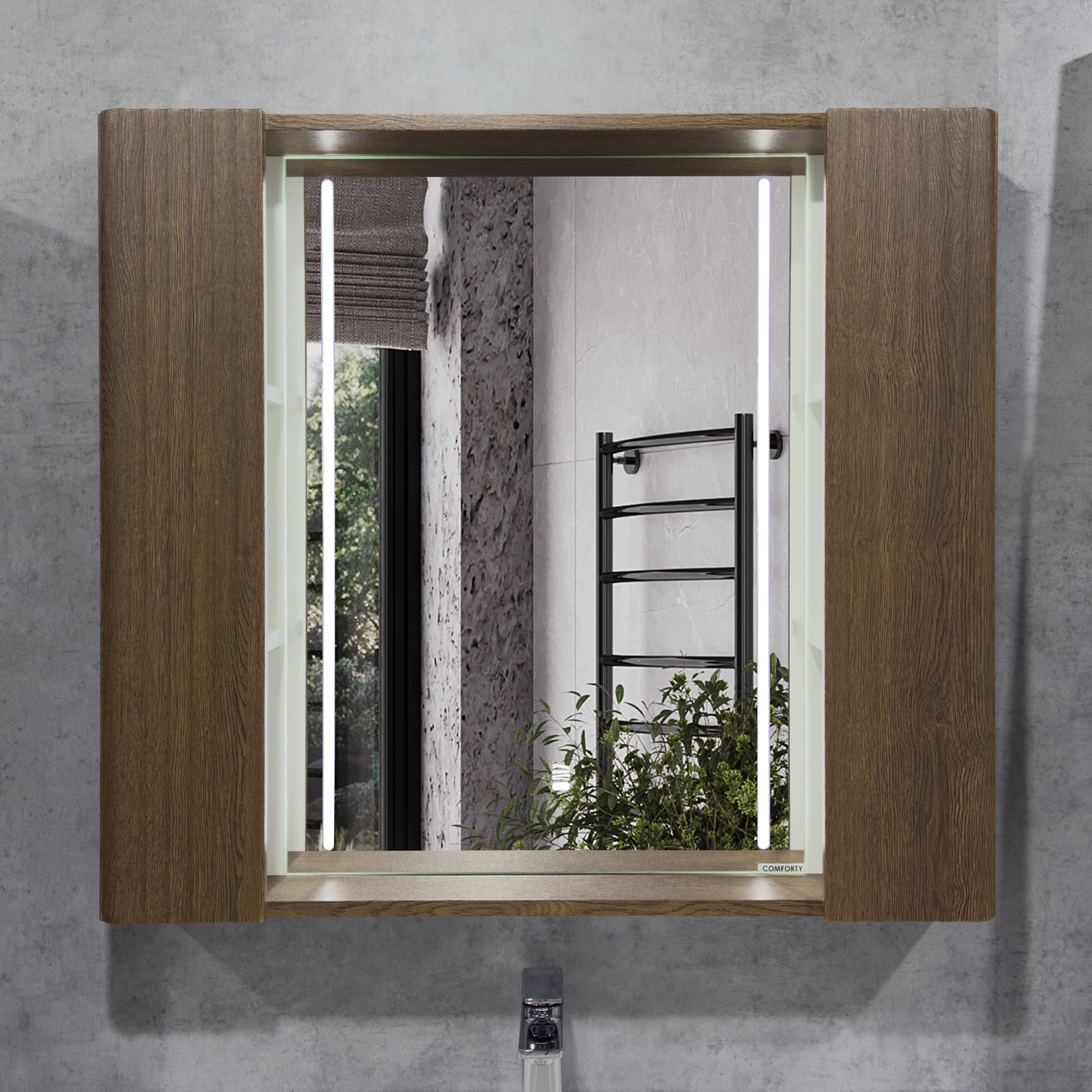 Зеркало-шкаф Comforty Ангара-90 дуб темно-коричневый со светодиодной подсветкой и антизапотеванием