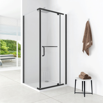 Душевое ограждение Comforty 32NB прозрачное стекло, черный профиль, поддон, 900*900*1975