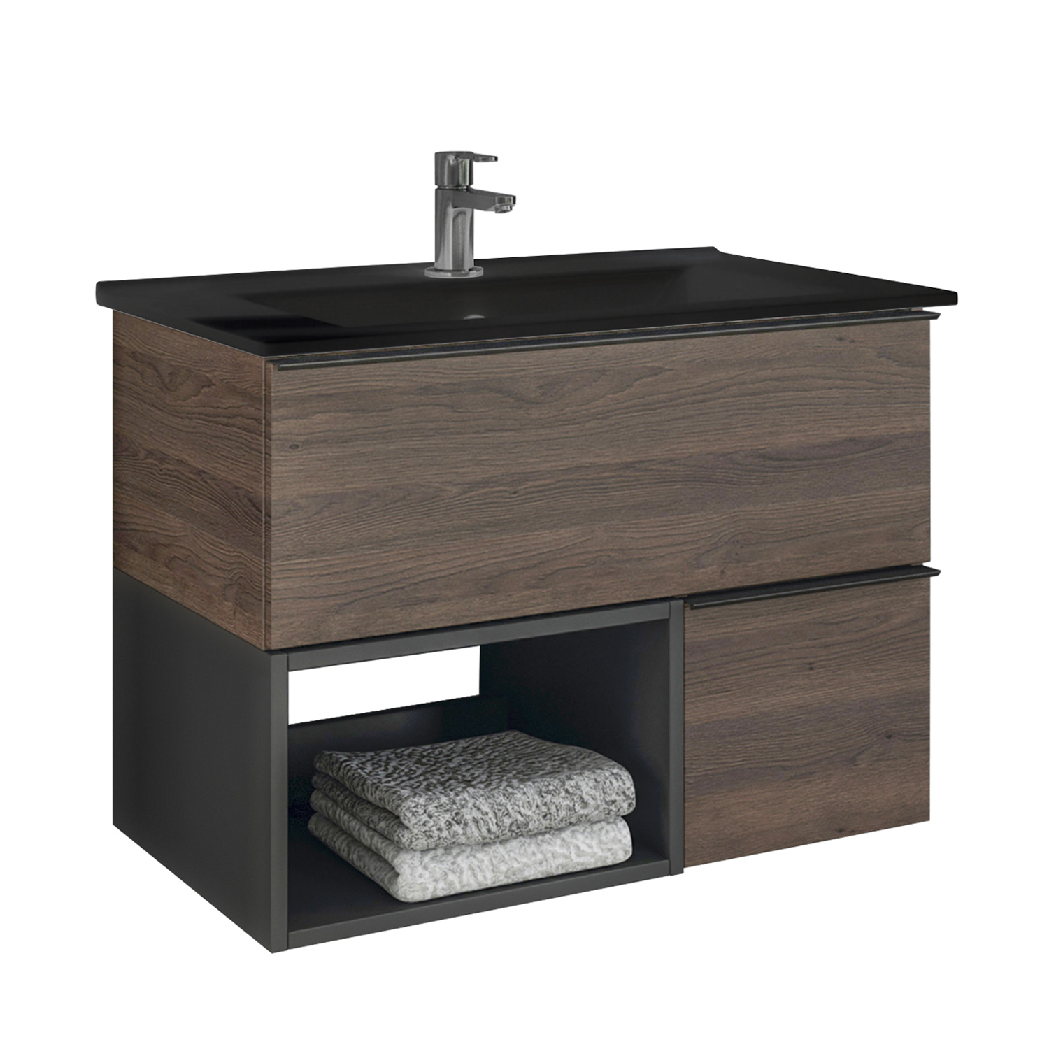 Comforty. Тумба-умывальник "Франкфурт-75" дуб шоколадно-коричневый с раковиной COMFORTY 75E черная матовая