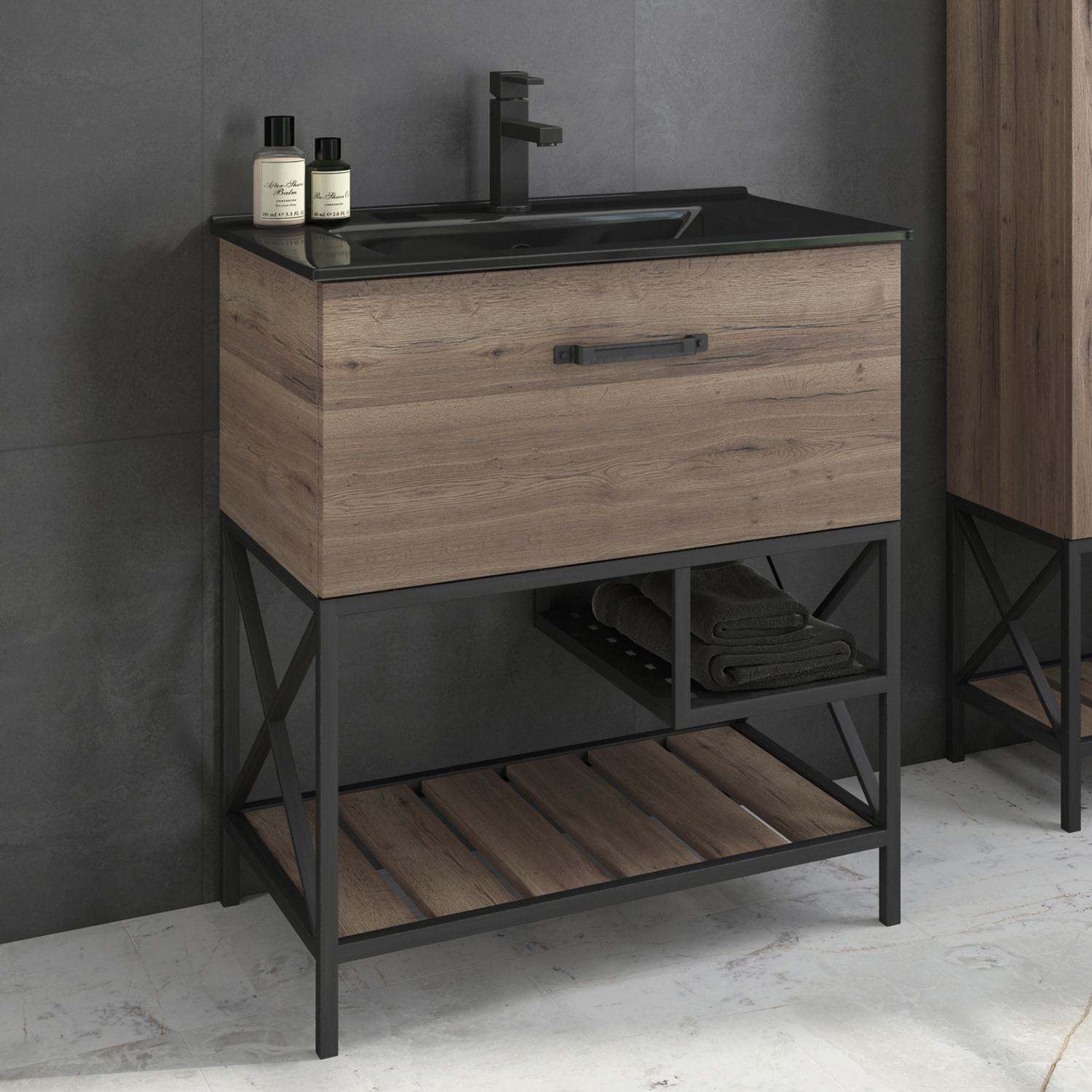 Comforty. Тумба-умывальник "Бредфорд-75" дуб темный с раковиной Comforty 75E черная матовая