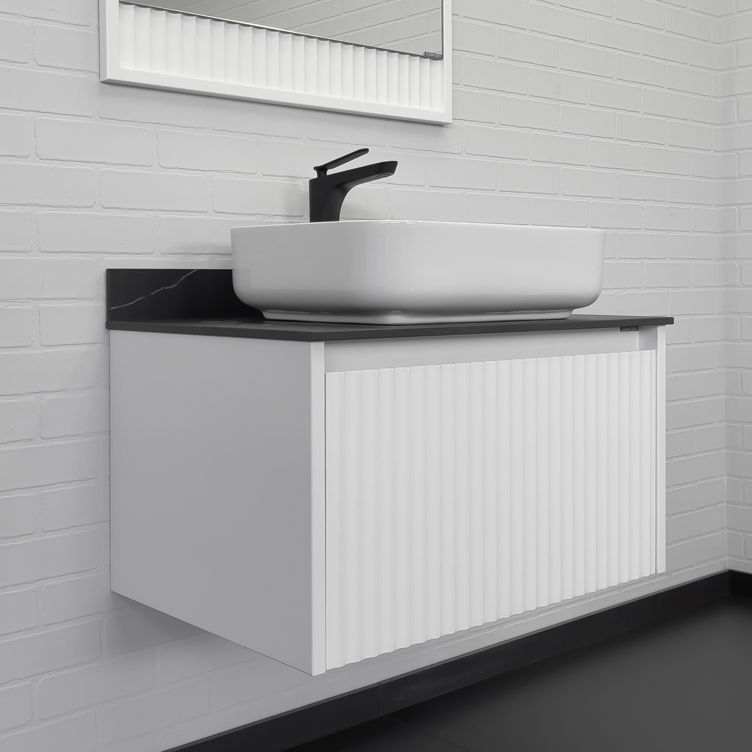 Тумба-умывальник Comforty Марсель-75 белый матовый со столешницей под мрамор Калакатта Блэк c раковиной Comforty T-Y9378