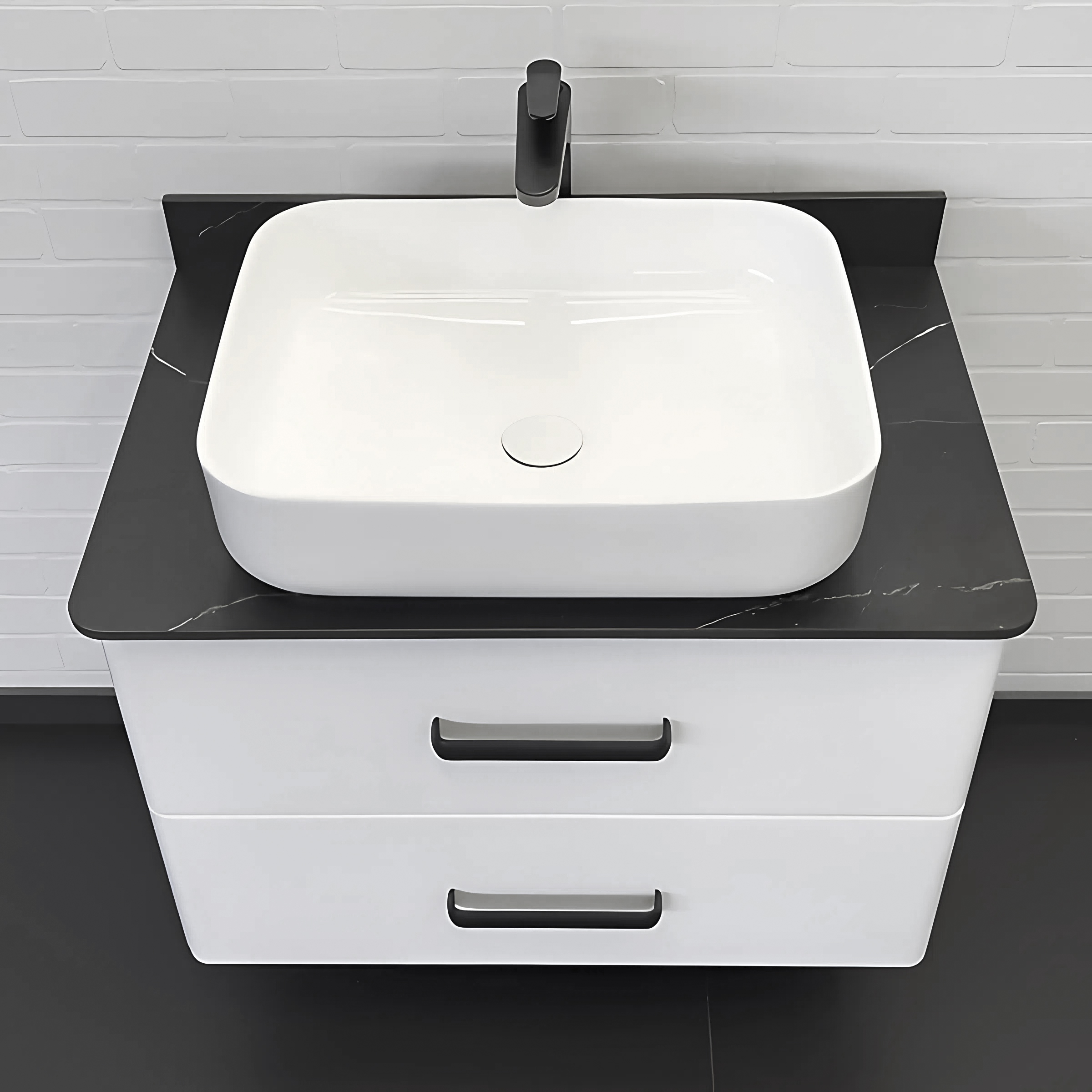 Тумба-умывальник Comforty Амстердам-75 белая со столешницей под мрамор Калакатта Блэк с раковиной T-Y9378