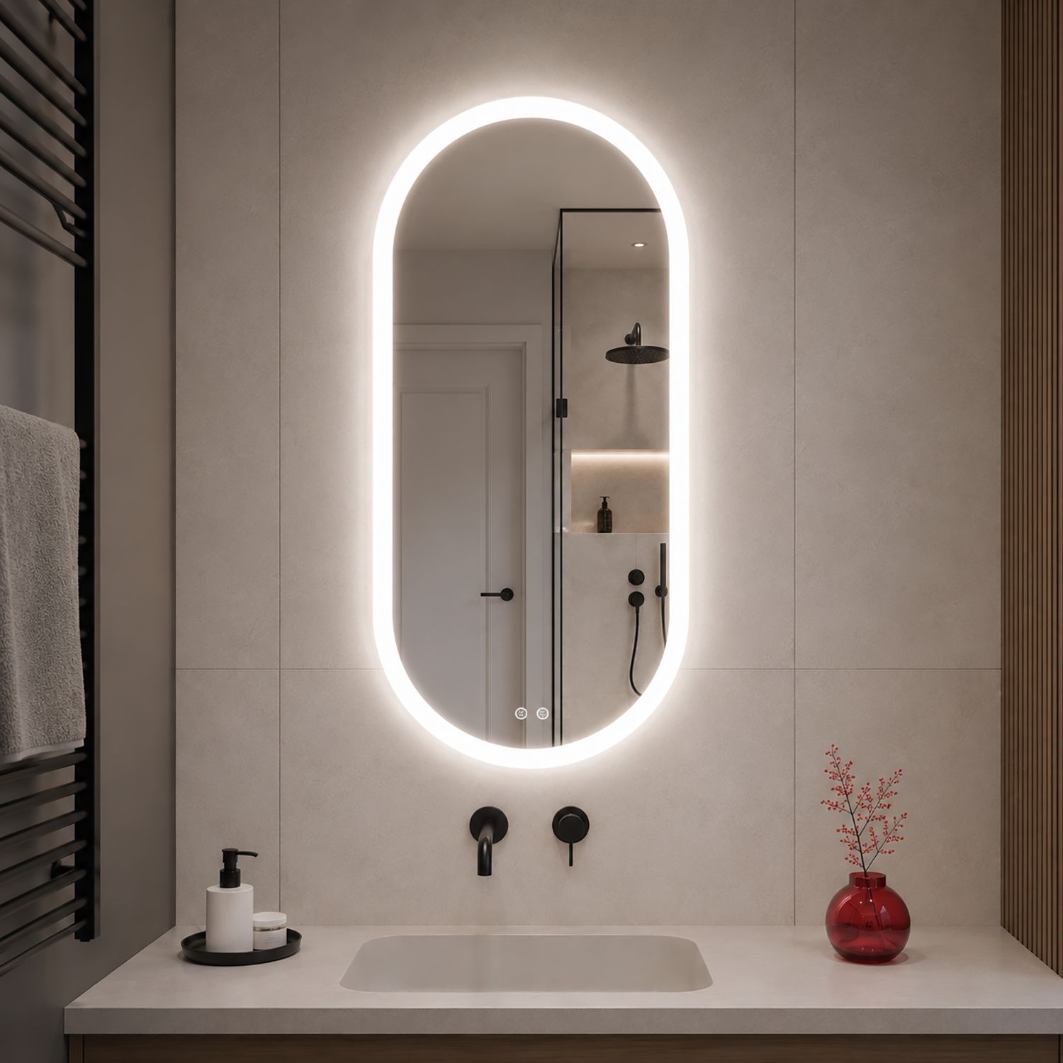 Овальное зеркало со светодиодной подсветкой Comforty Опал 42x84 холодный свет, контактный сенсор, антизапотевание