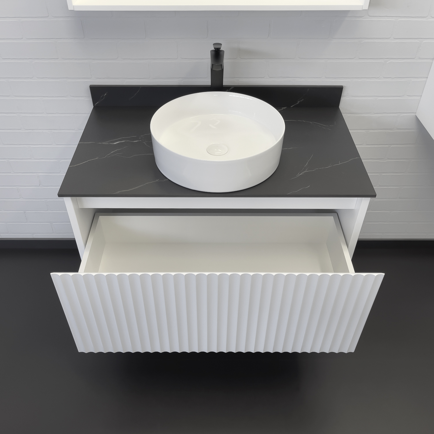 Тумба-умывальник Comforty Марсель-90 белый матовый со столешницей под мрамор Калакатта Блэк c раковиной Comforty 9110