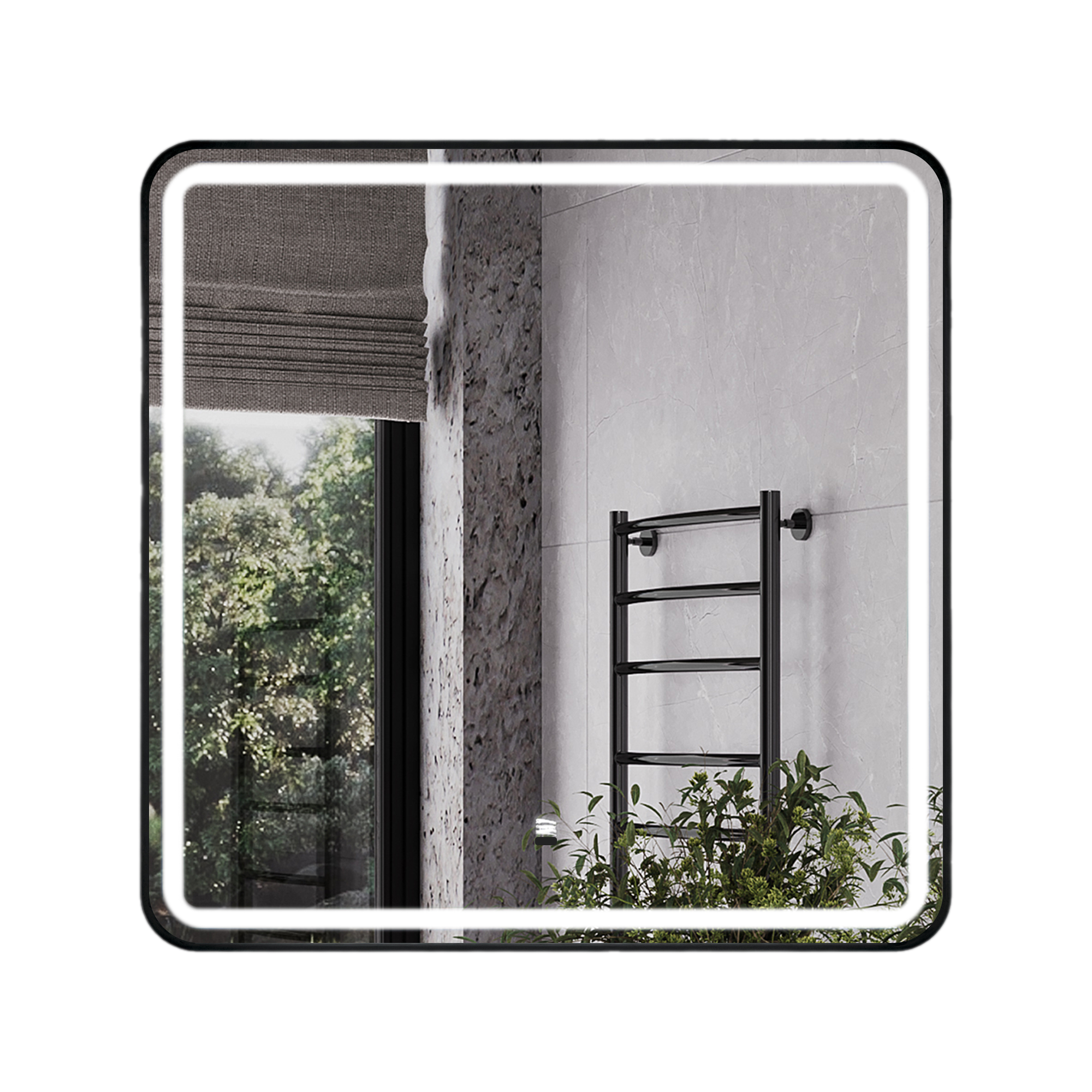 Зеркало в черной алюминиевой раме 80 см для ванной комнаты Comforty Ситара-80, светодиодная подсветка, бесконтактный сенсор, антизапотевание