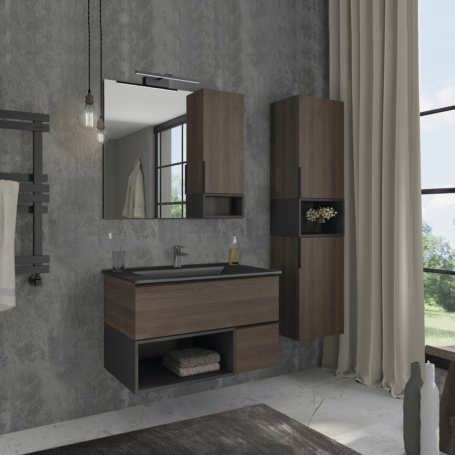 Тумба-умывальник Comforty Франкфурт 90 дуб шоколадно-коричневый с раковиной Comforty 90E черная матовая