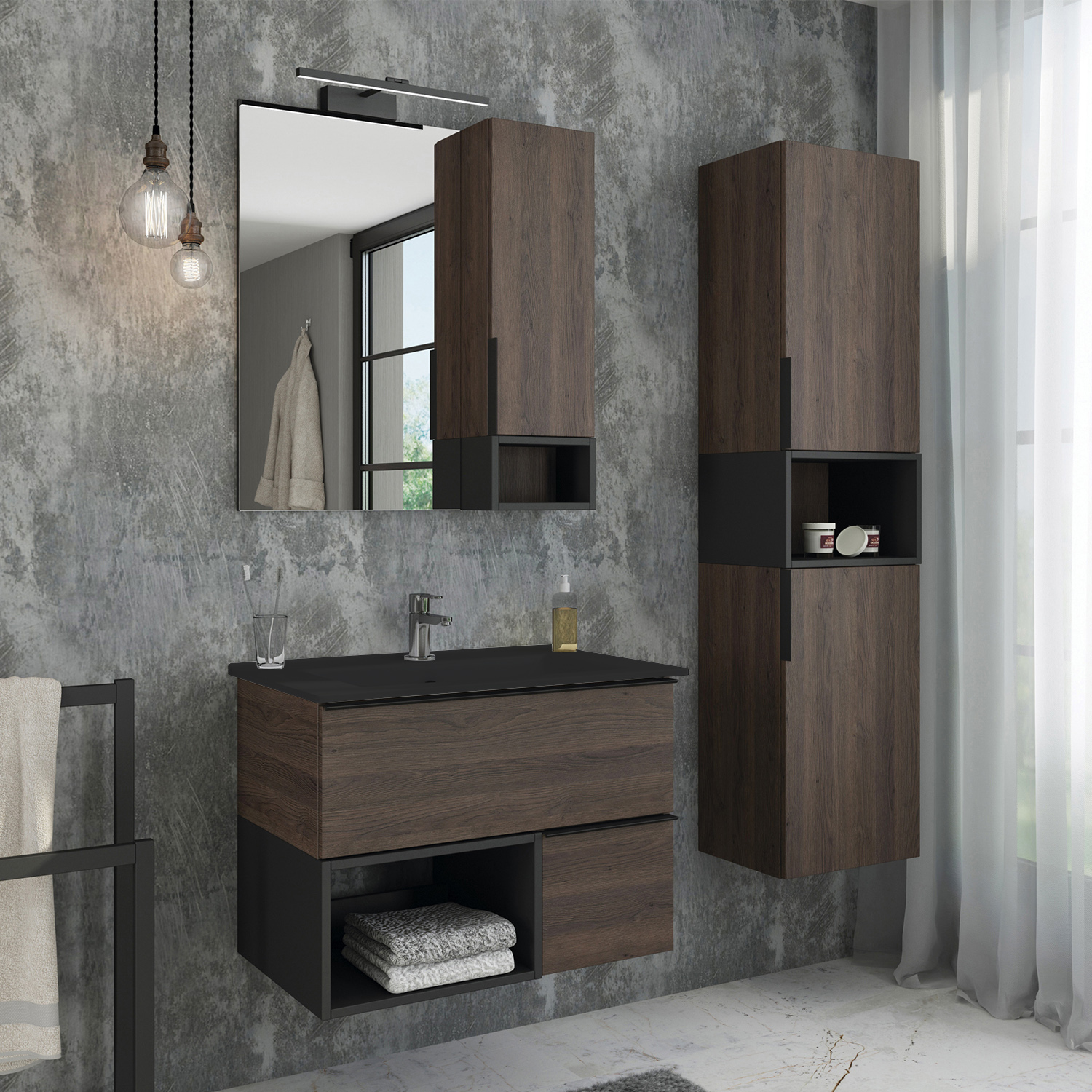 Comforty. Тумба-умывальник "Франкфурт-75" дуб шоколадно-коричневый с раковиной COMFORTY 75E черная матовая