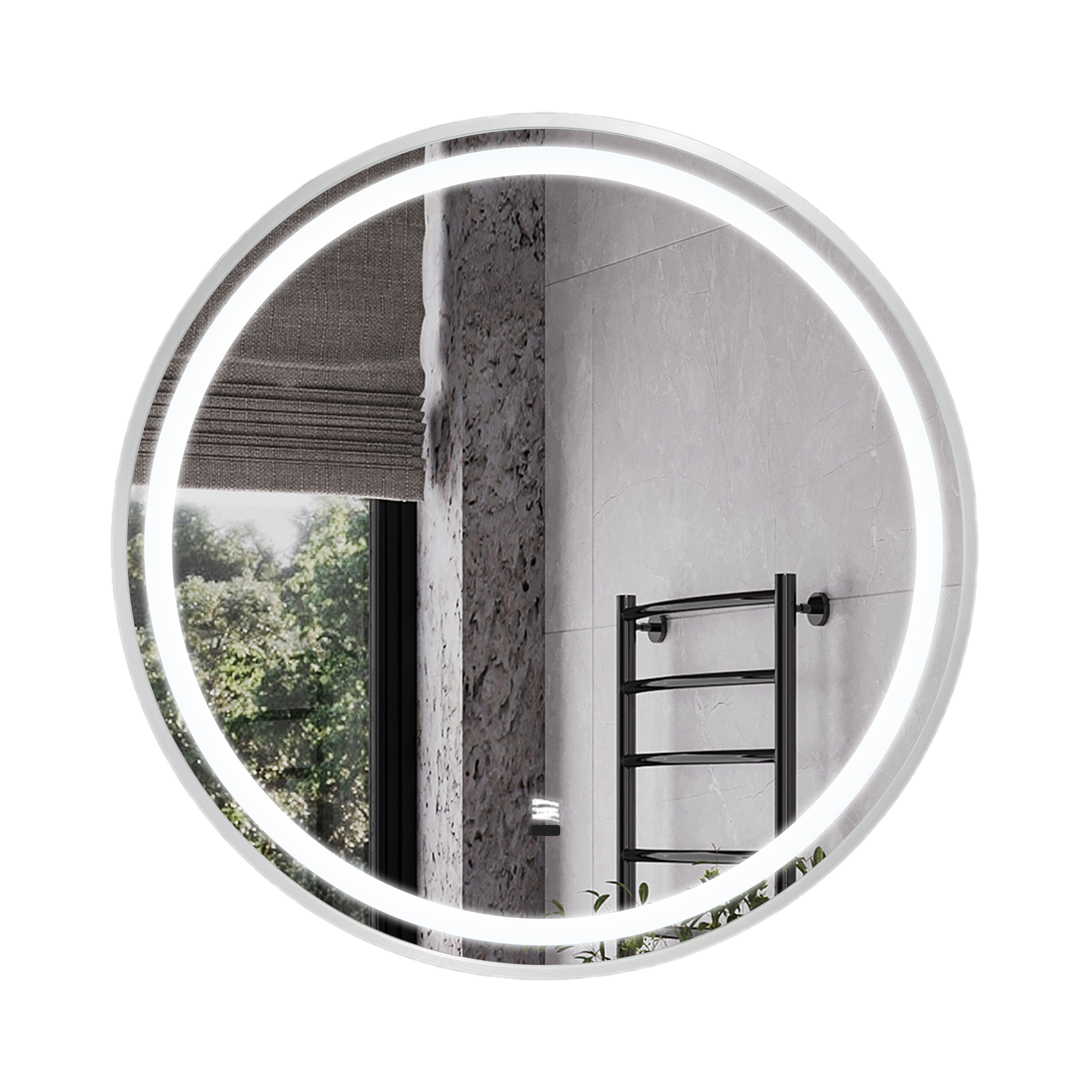 Круглое зеркало в серебрянной алюминиевой раме Comforty Лея-60 светодиодная подсветка, бесконтактный сенсор