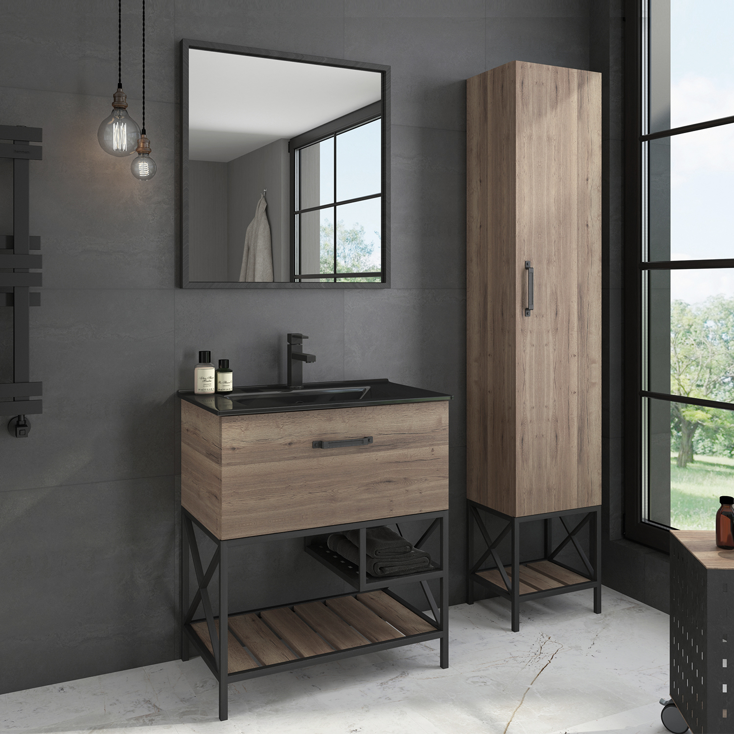 Comforty. Тумба-умывальник "Бредфорд-75" дуб темный с раковиной Comforty 75E черная матовая