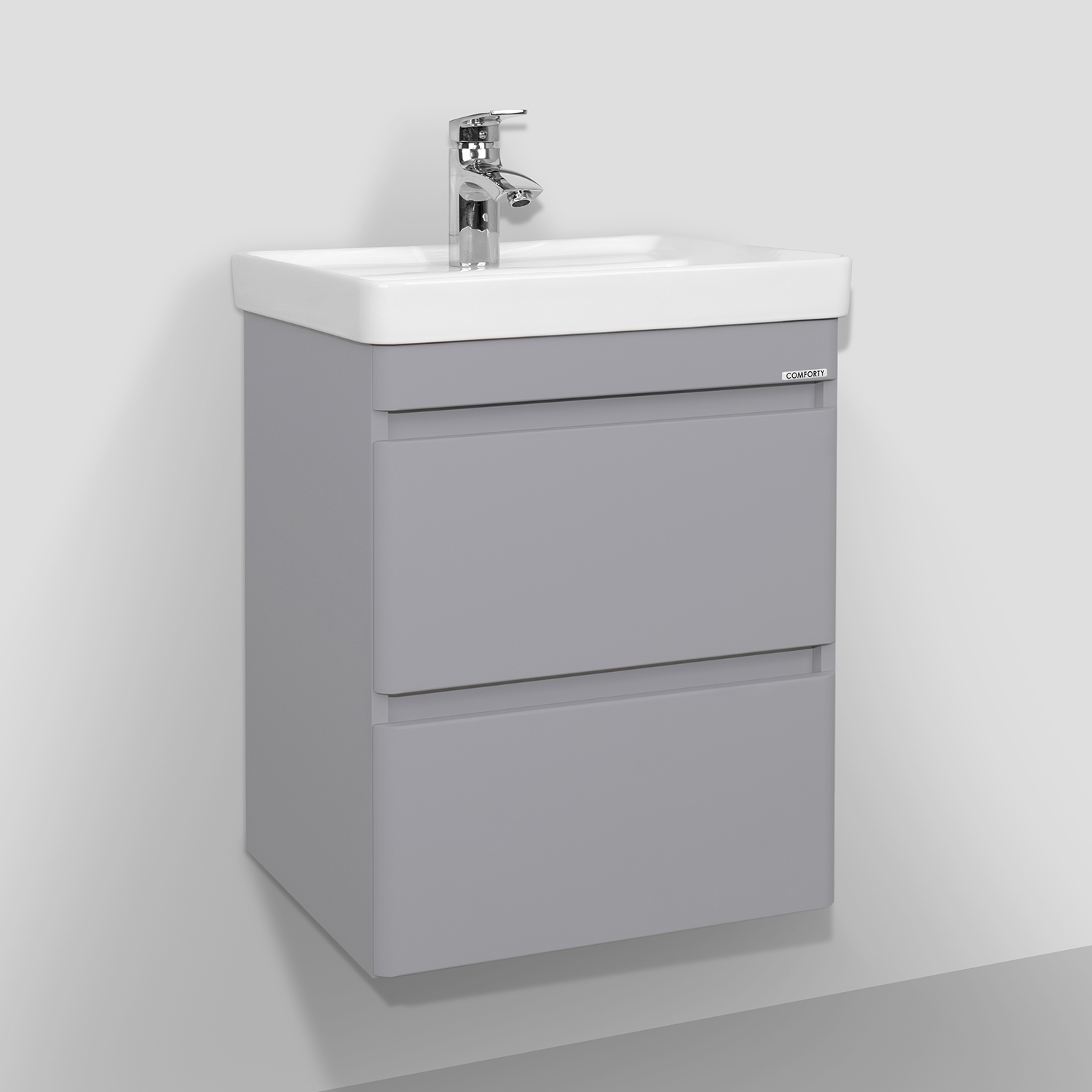 Тумба-умывальник подвесная Comforty Енисей-50П2 альпийский иней с раковиной 4450