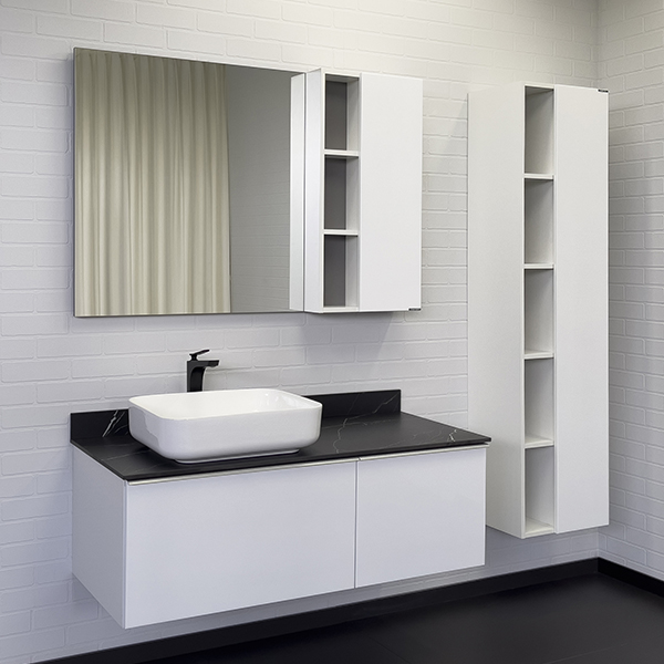 Тумба-умывальник Comforty Милан-120 белая со столешницей под мрамор Калакатта Блэк с раковиной Comforty T-Y9378