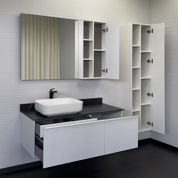 Тумба-умывальник Comforty Милан-120 белая со столешницей под мрамор Калакатта Блэк с раковиной Comforty T-Y9378