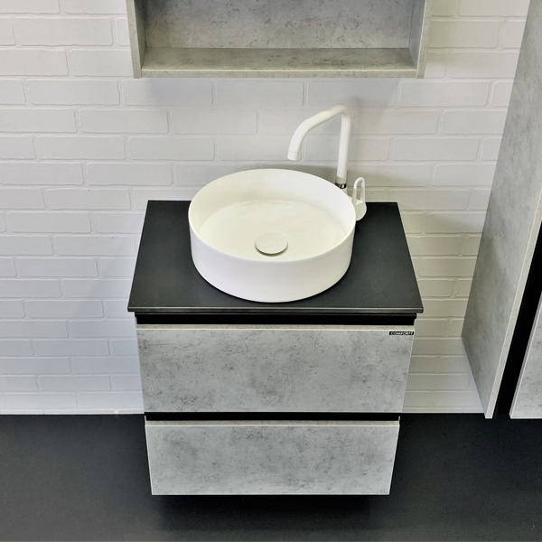 Тумба-умывальник Комфорти Эдинбург-60-2 бетон светлый с черной столешницей и раковиной 9111