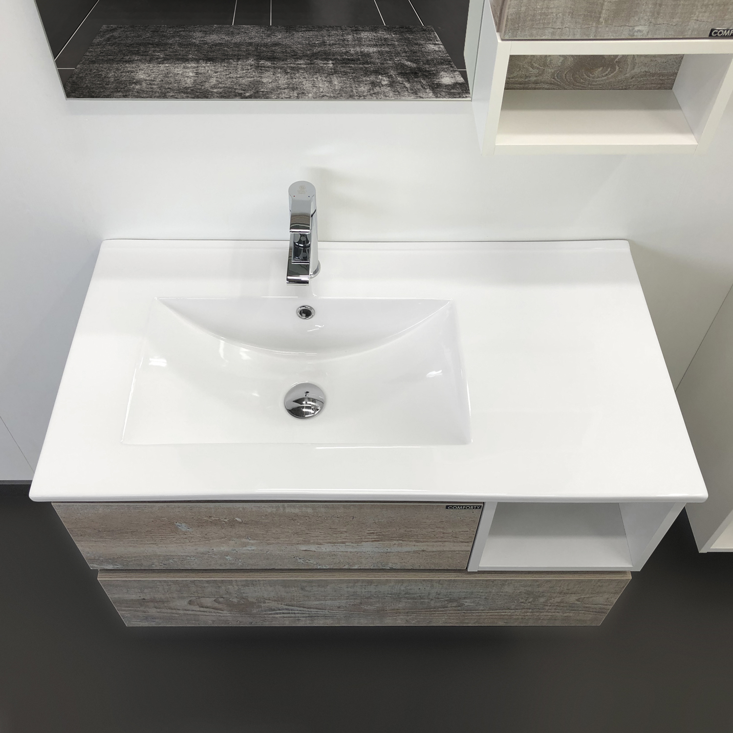 Comforty. Тумба-умывальник Турин-90L дуб бежевый с раковиной Comforty 9090EL