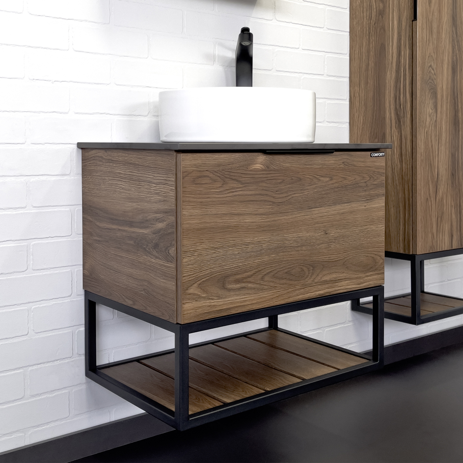 Тумба-умывальник Comforty Порто-60 дуб тёмно-коричневый с черной столешницей c раковиной Comforty 9111