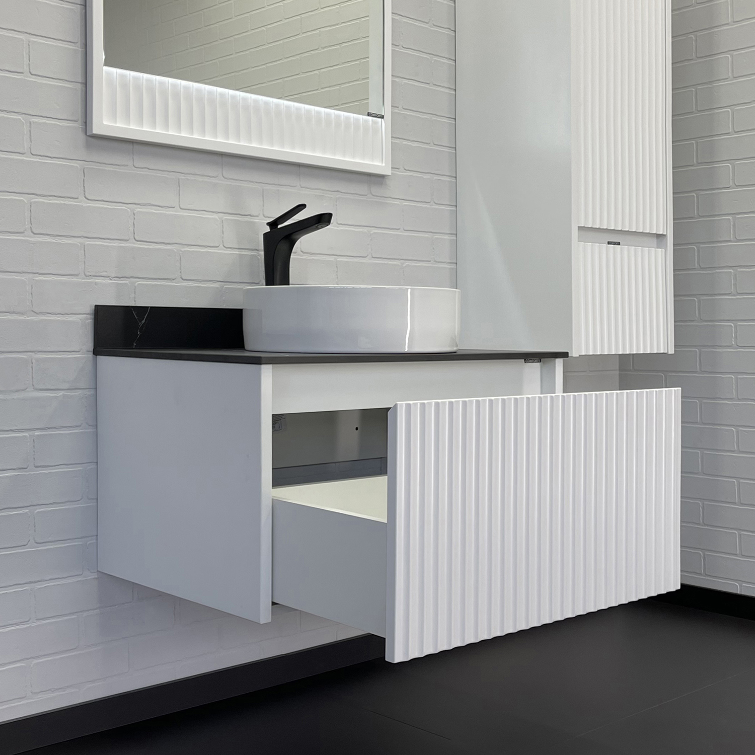 Тумба-умывальник Comforty Марсель-75 белая матовая со столешницей под черный мрамор c раковиной Comforty 9110