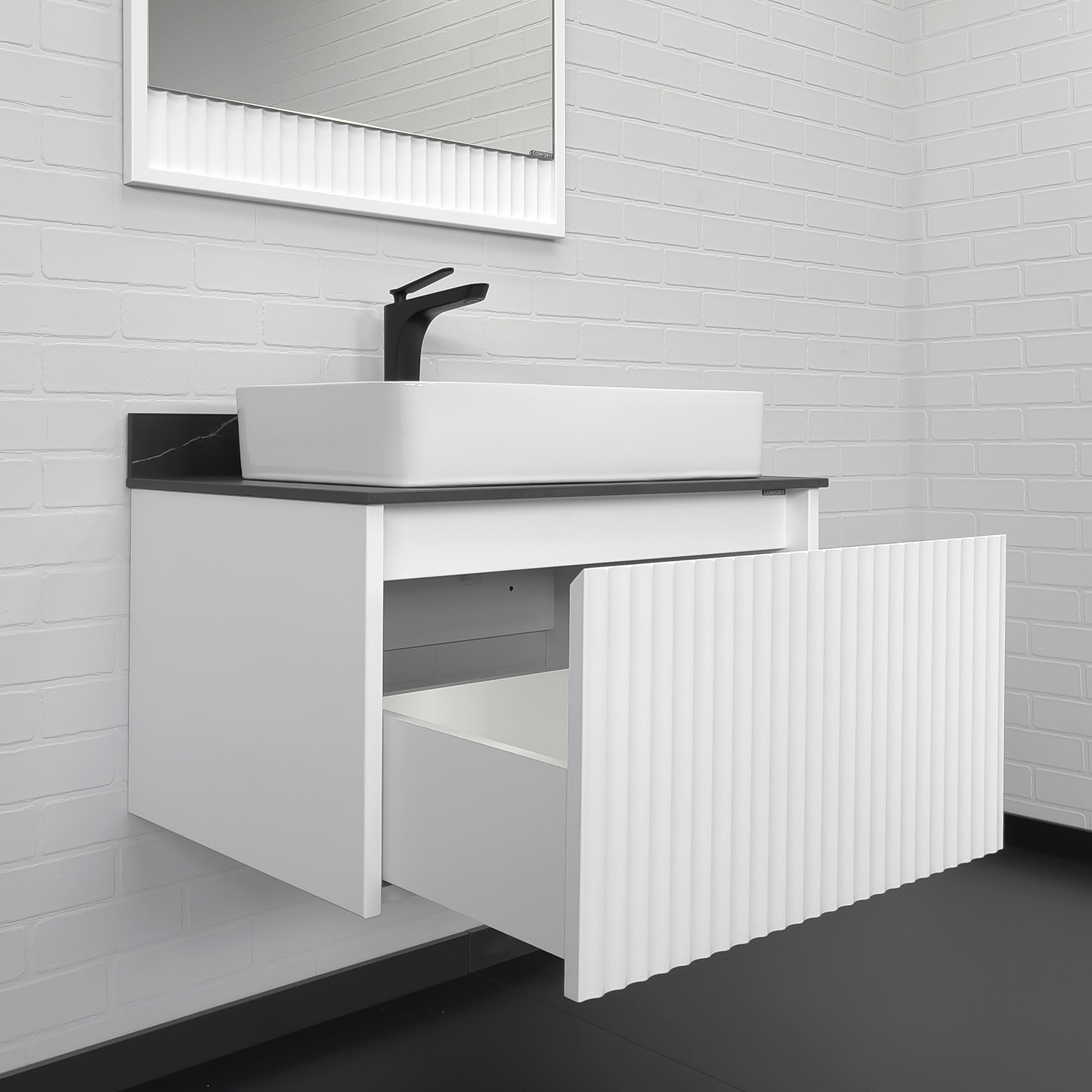 Тумба-умывальник Comforty Марсель-75 белый матовый со столешницей под мрамор Калакатта Блэк c раковиной Comforty 78189