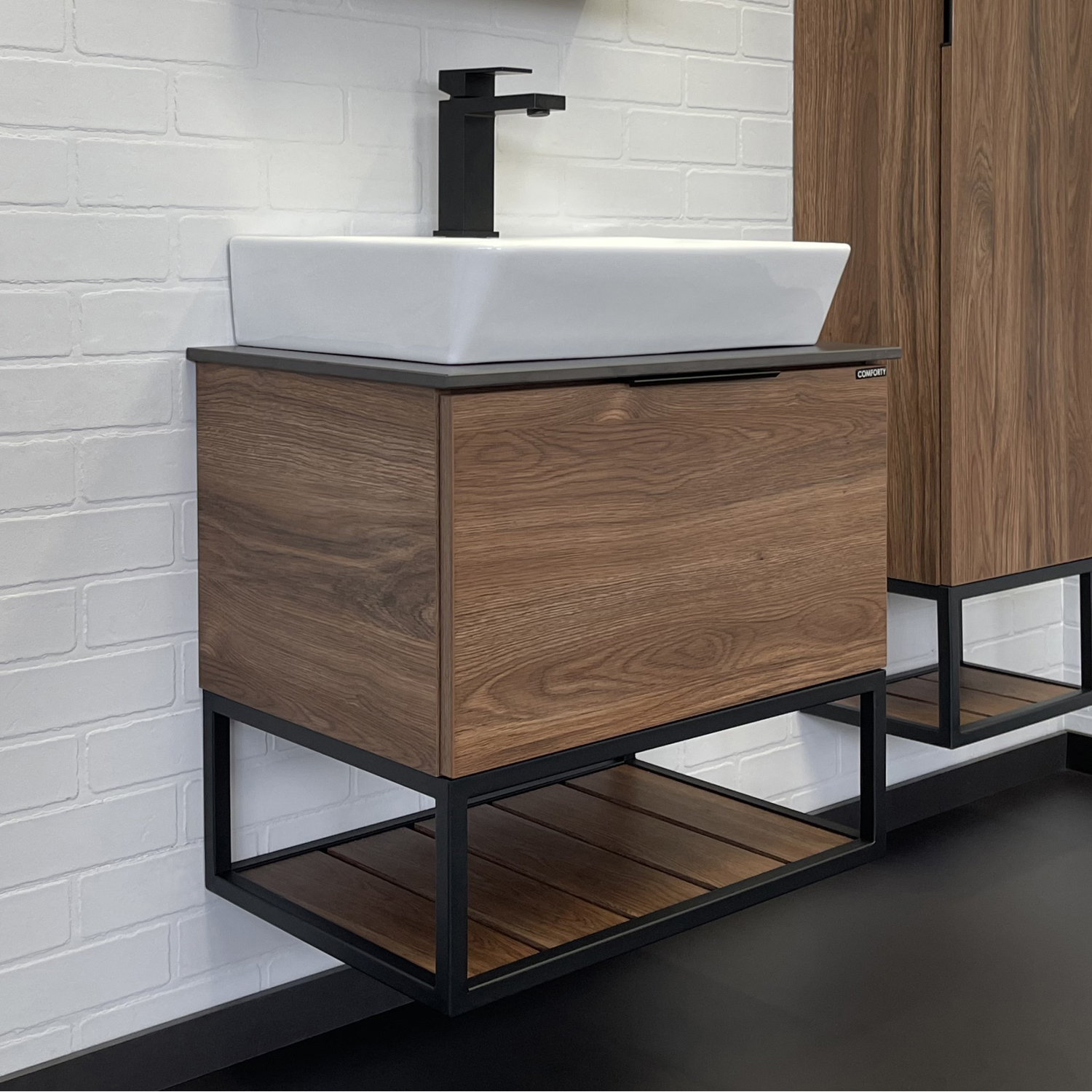 Тумба-умывальник Comforty Порто-60 дуб тёмно-коричневый с черной столешницей c раковиной Comforty 9055RA-50