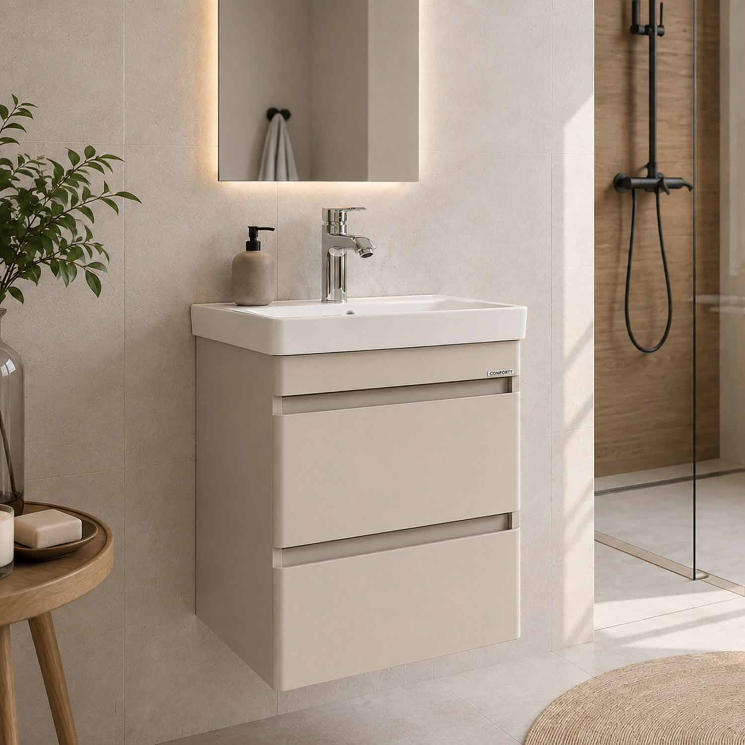 Тумба-умывальник подвесная Comforty Енисей-50П2 серый шёлк с раковиной 4450