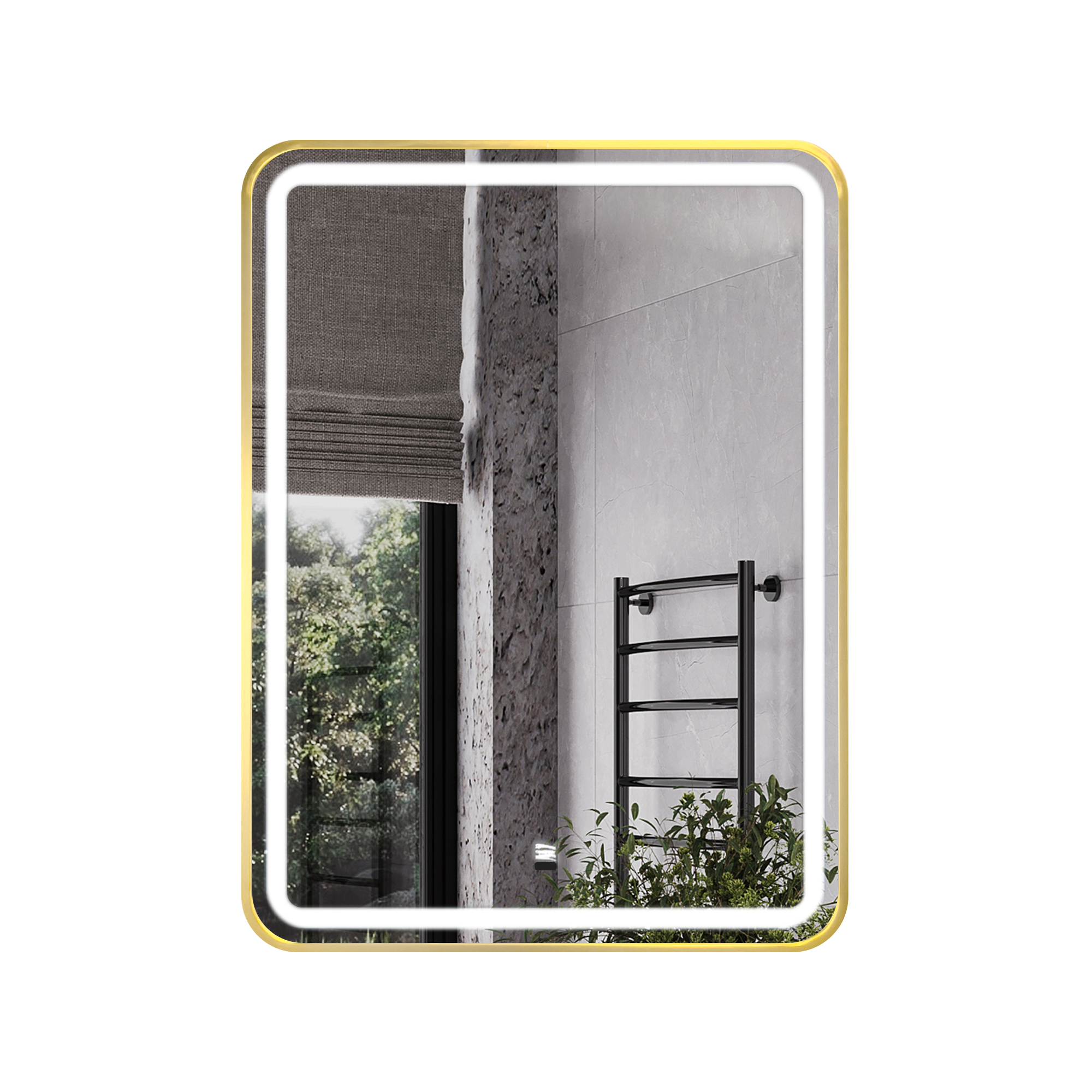 Зеркало в золотой алюминиевой раме 60 см для ванной комнаты Comforty Ситара-60, светодиодная подсветка, бесконтактный сенсор