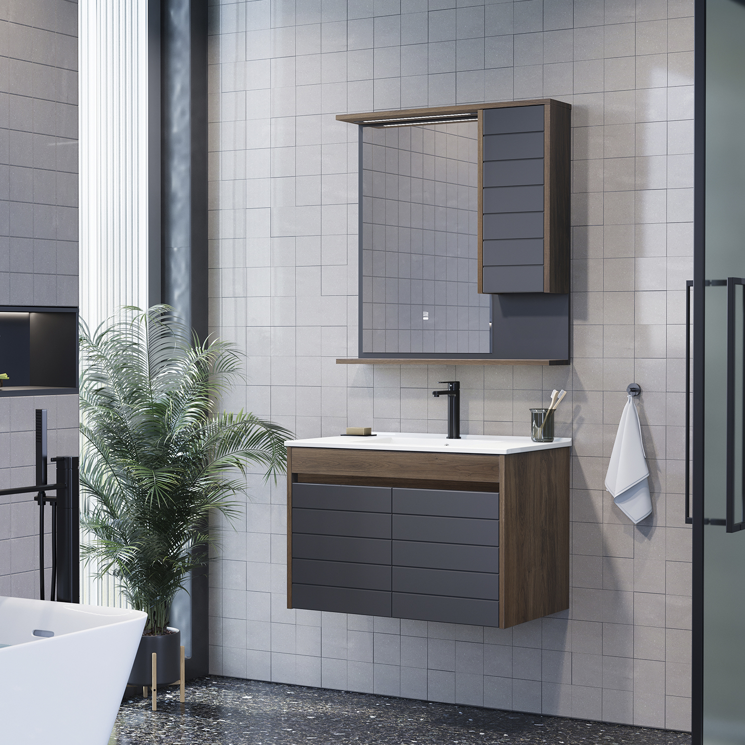 Тумба-умывальник Comforty Кемер-75 антрацит/дуб тёмно-коричневый с раковиной Comforty 75E