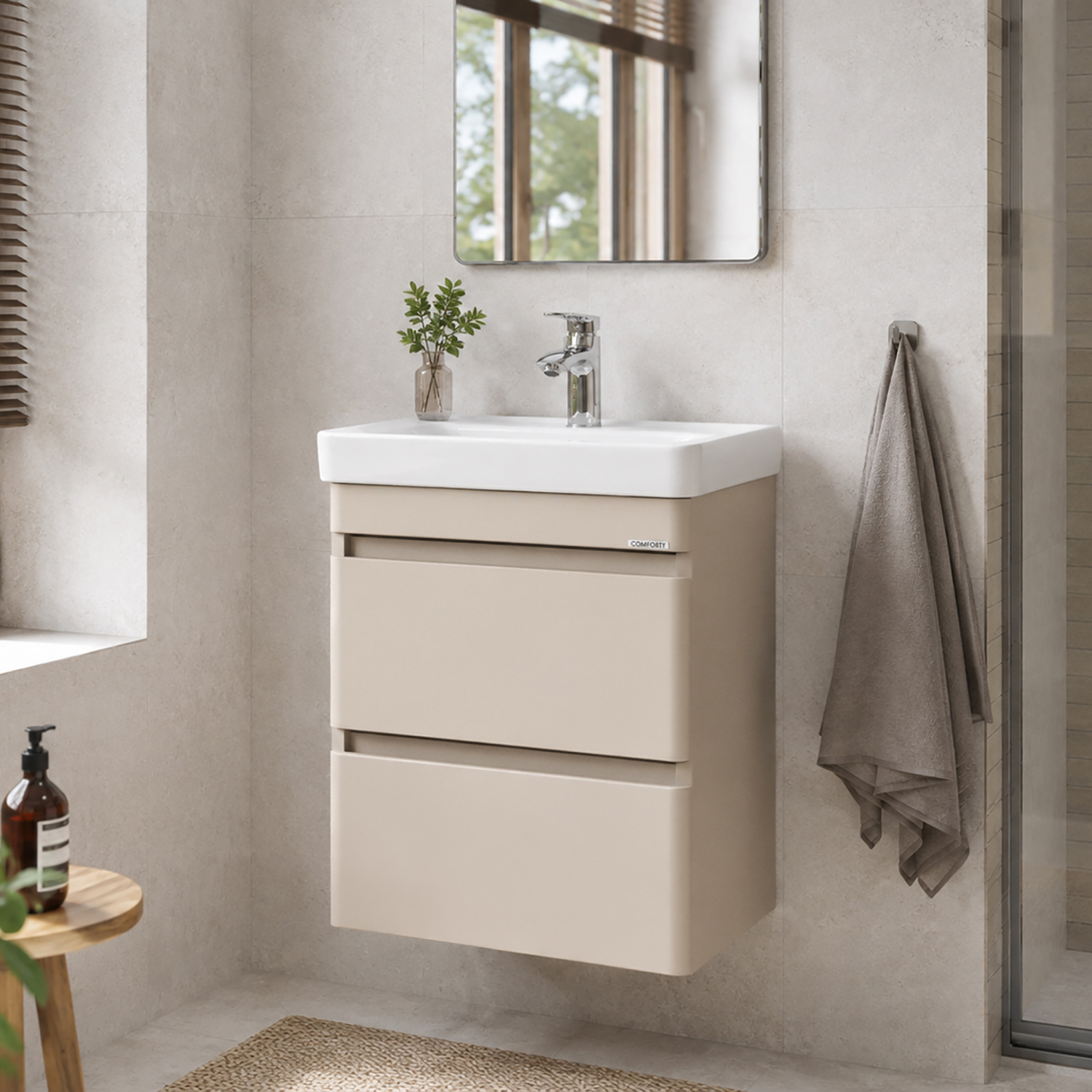 Тумба-умывальник подвесная Comforty Енисей-50П2 серый шёлк с раковиной 4450
