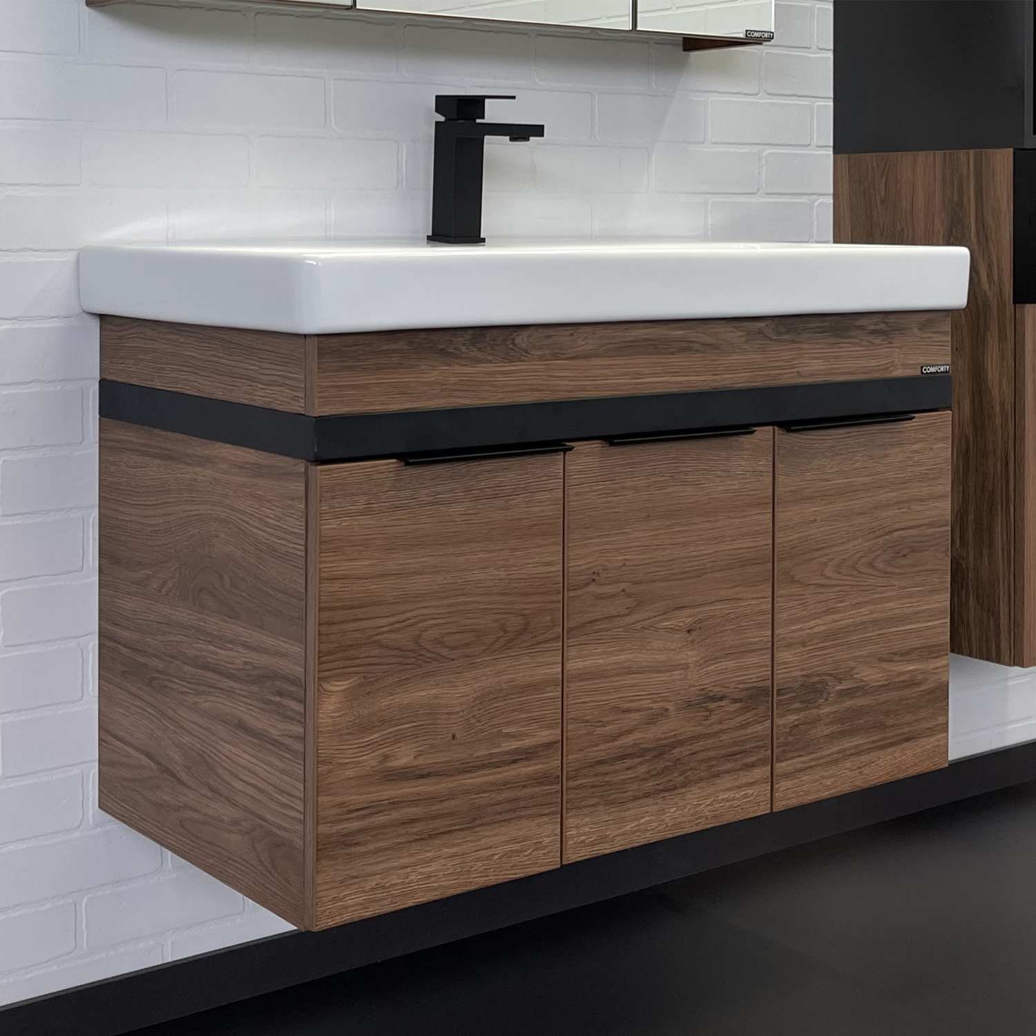 Тумба-умывальник Comforty Соло-90 дуб тёмно-коричневый с раковиной Адриана 90