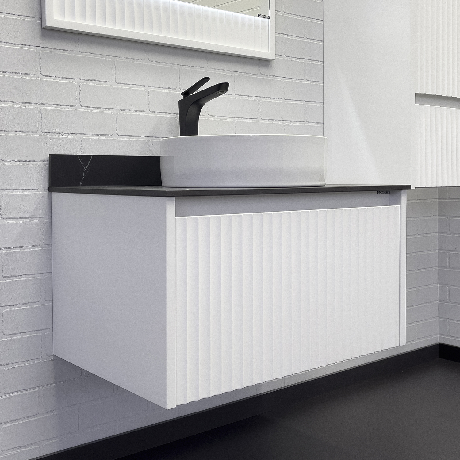 Тумба-умывальник Comforty Марсель-75 белая матовая со столешницей под черный мрамор c раковиной Comforty 9110