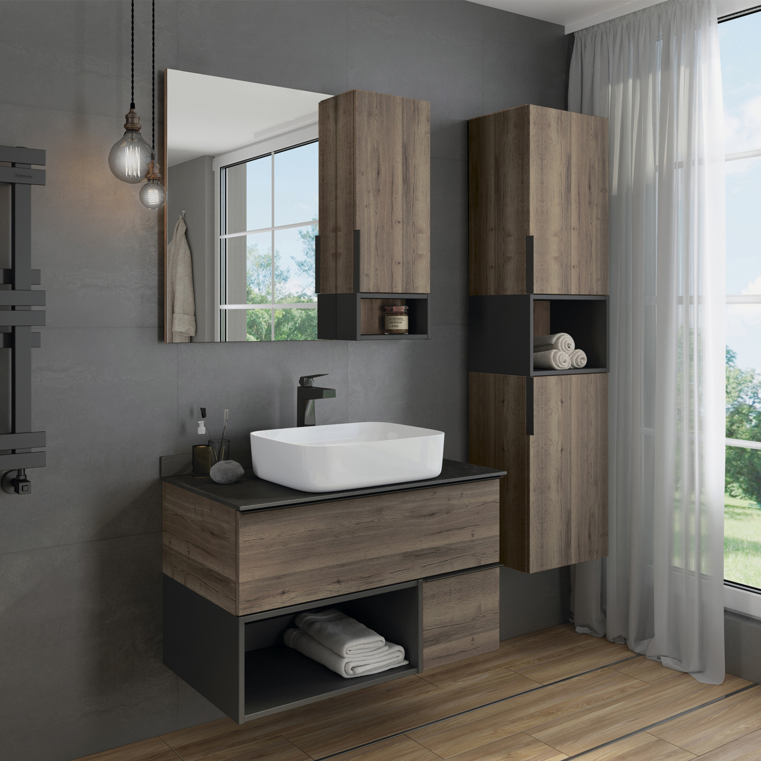 Тумба-умывальник Comforty Штутгарт 90 дуб тёмно-коричневый с черной столешницей c раковиной COMFORTY T-Y9378