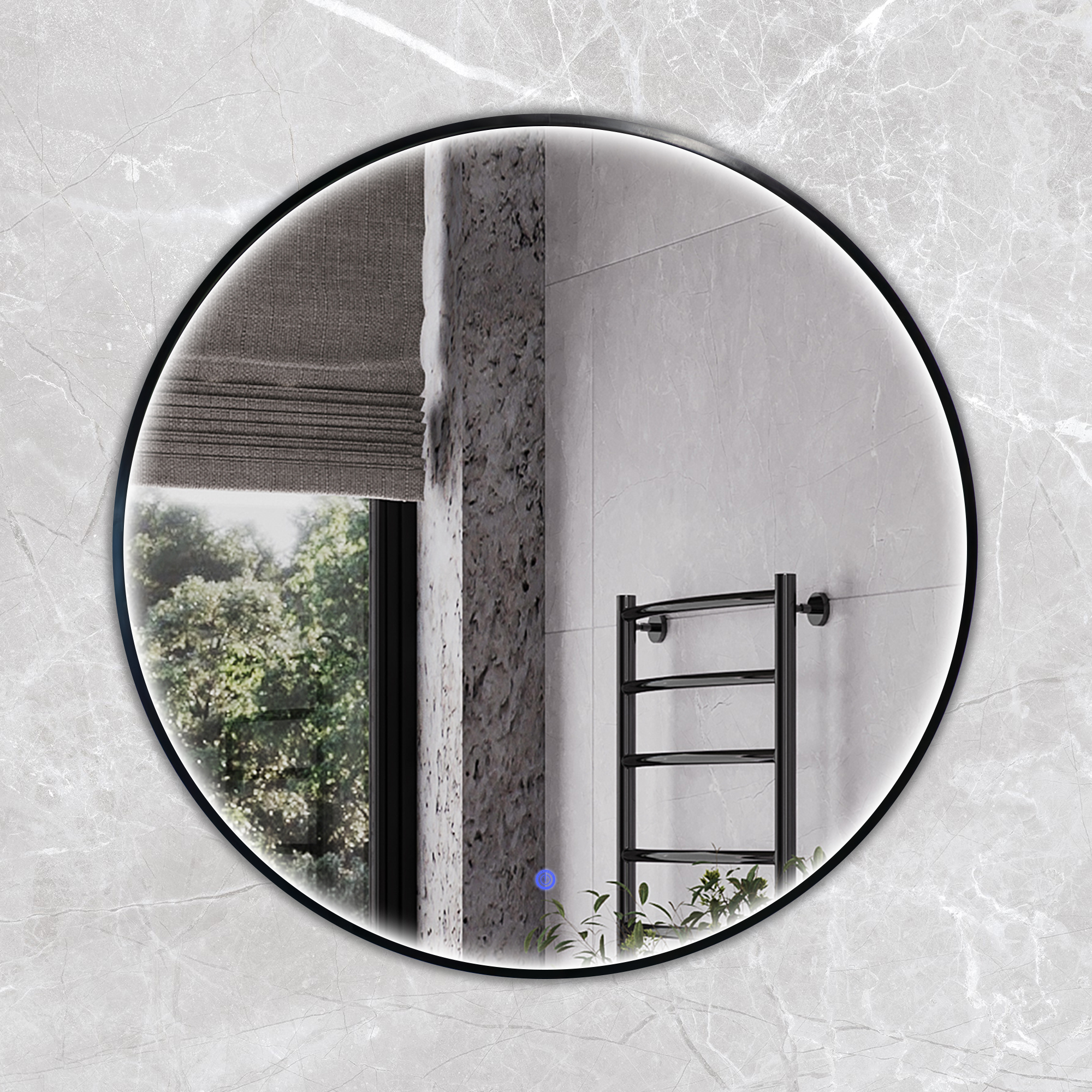 Круглое зеркало в алюминиевой раме Comforty Вега-75 светодиодная динамическая подсветка, холодный свет, сенсор, чёрный матовый