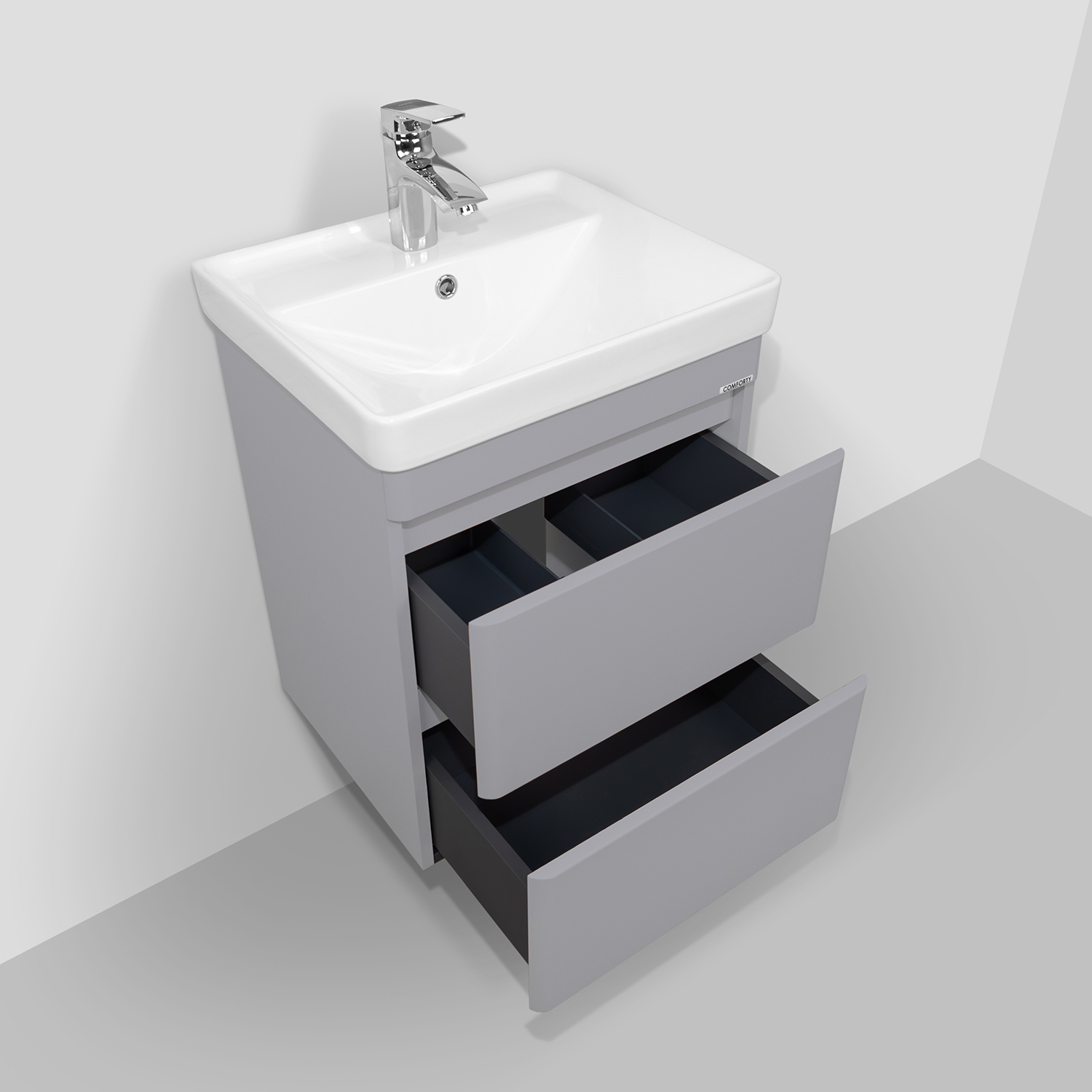 Тумба-умывальник подвесная Comforty Енисей-50П2 альпийский иней с раковиной 4450