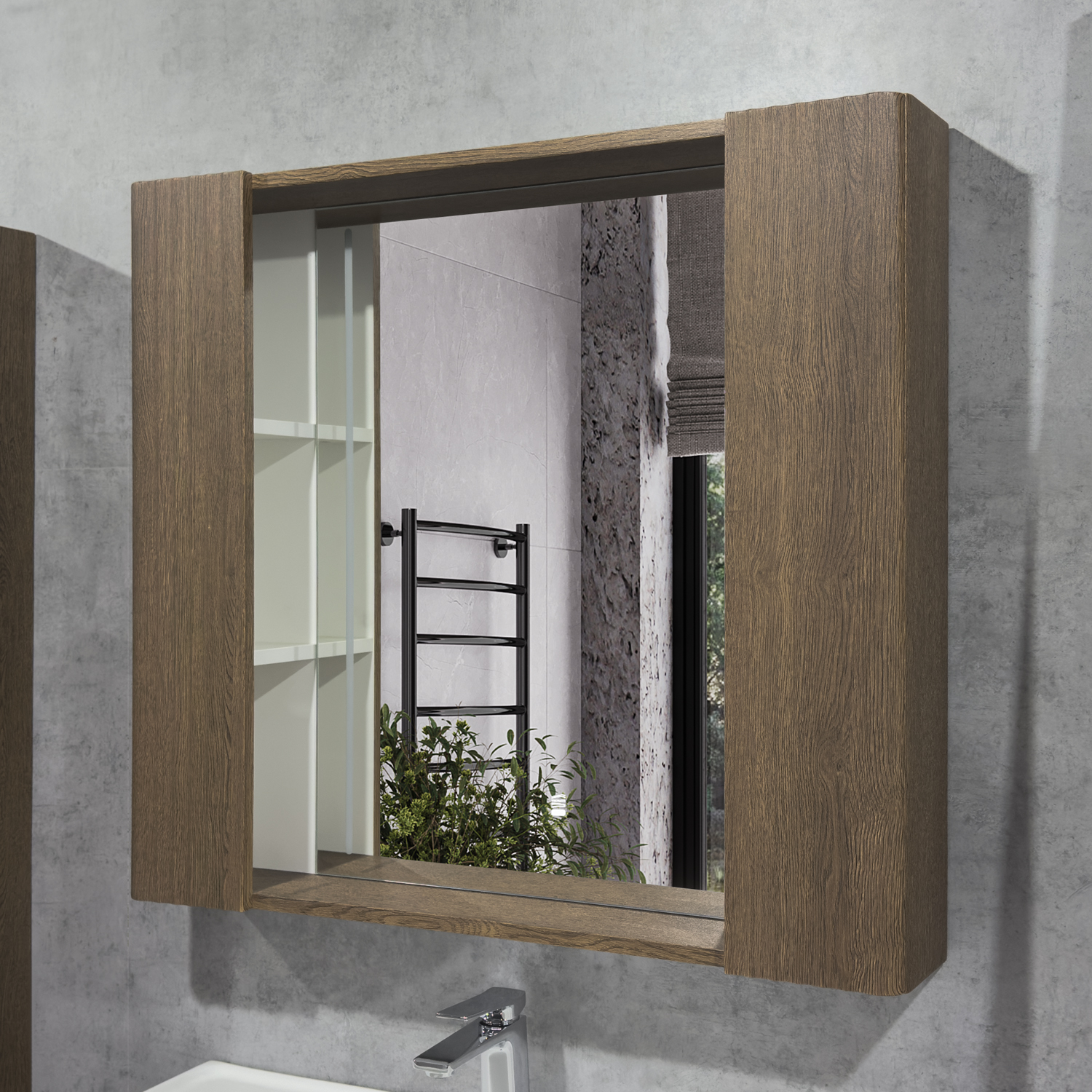 Зеркало-шкаф Comforty Ангара-90 дуб темно-коричневый со светодиодной подсветкой и антизапотеванием