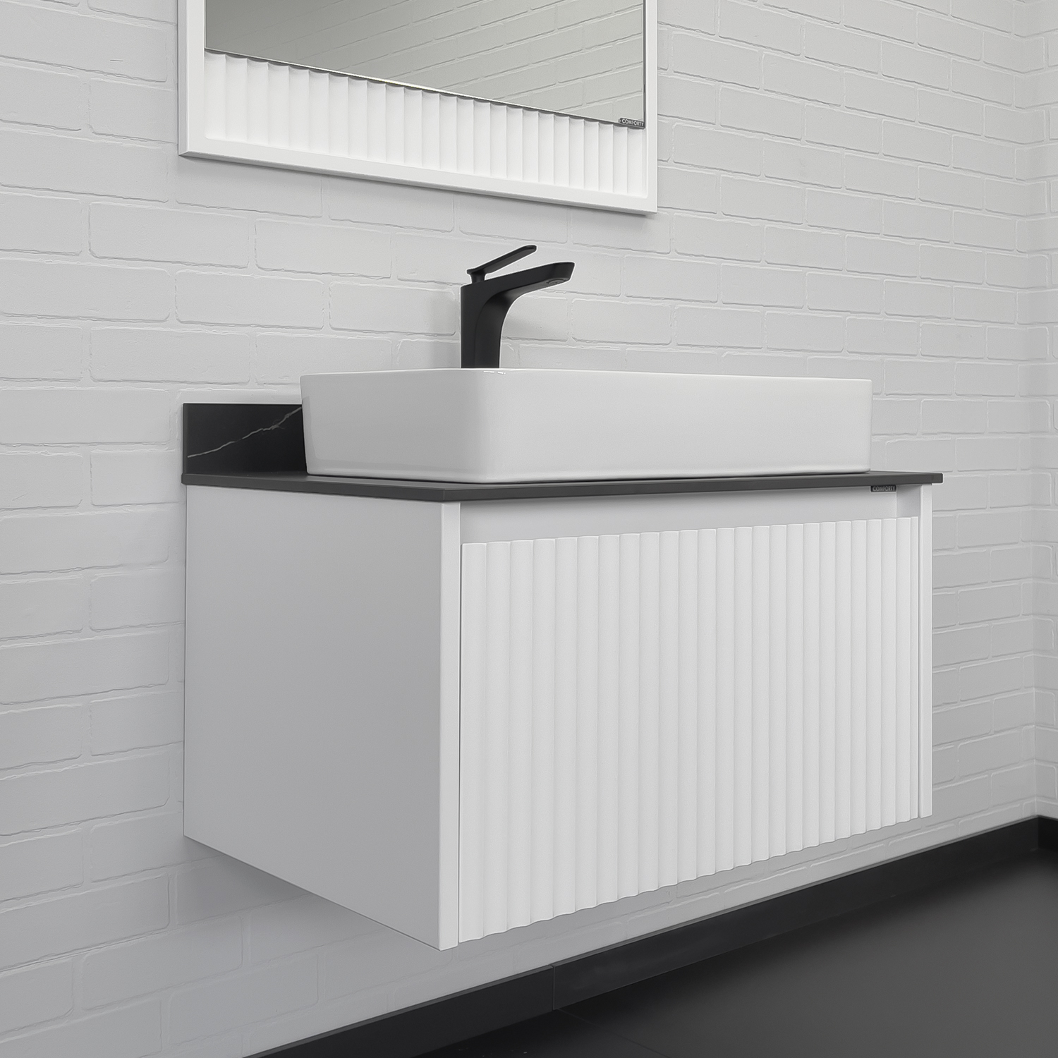 Тумба-умывальник Comforty Марсель-75 белый матовый со столешницей под мрамор Калакатта Блэк c раковиной Comforty 78189