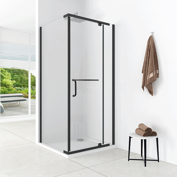 Душевое ограждение Comforty 32NB прозрачное стекло, черный профиль, поддон, 900*900*1975