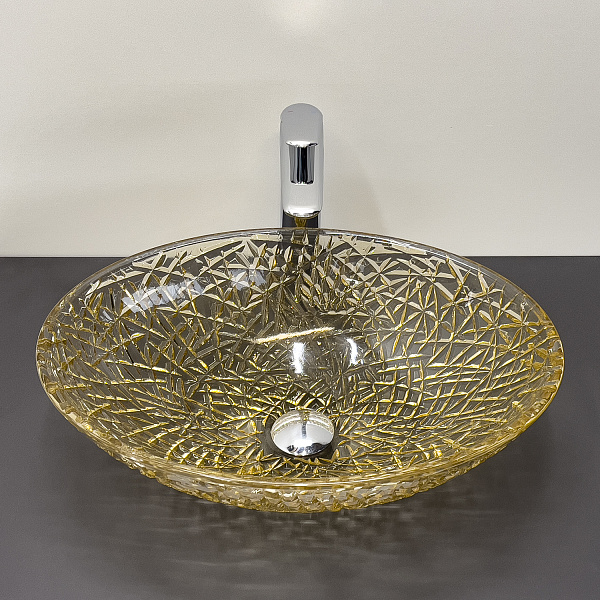 Стеклянная овальная раковина 50 см Comforty CF28004 стекло цвета шампань, для ванной на столешницу